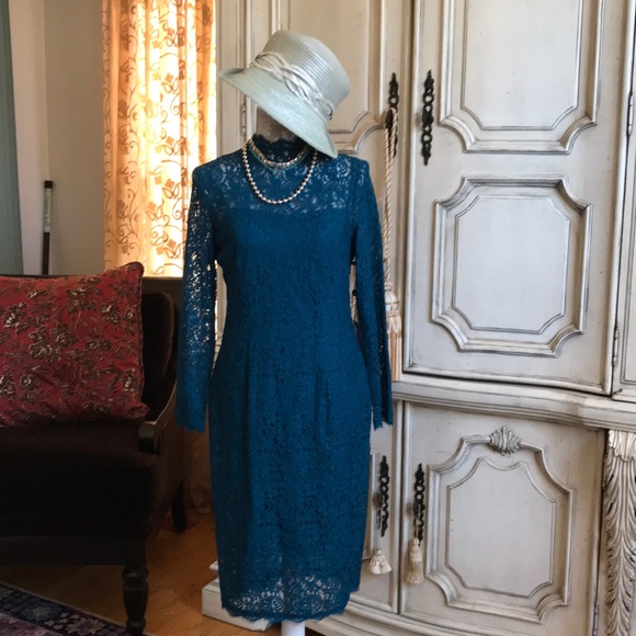 Vintage Dresses & Skirts - ADRIANNA PAPELL Teal Lace Dress SIZE 10 PETITE NWT